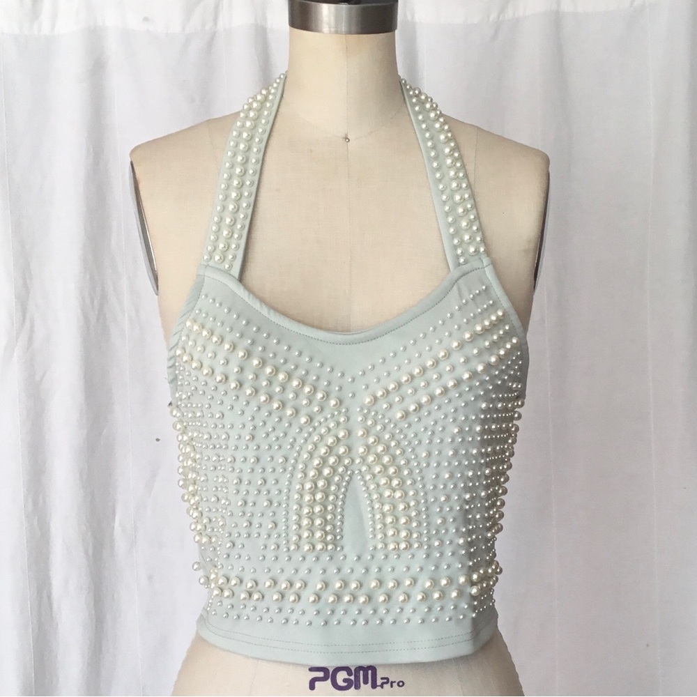 Pearl-Embellished Halter Crop Top in Light Sage Green